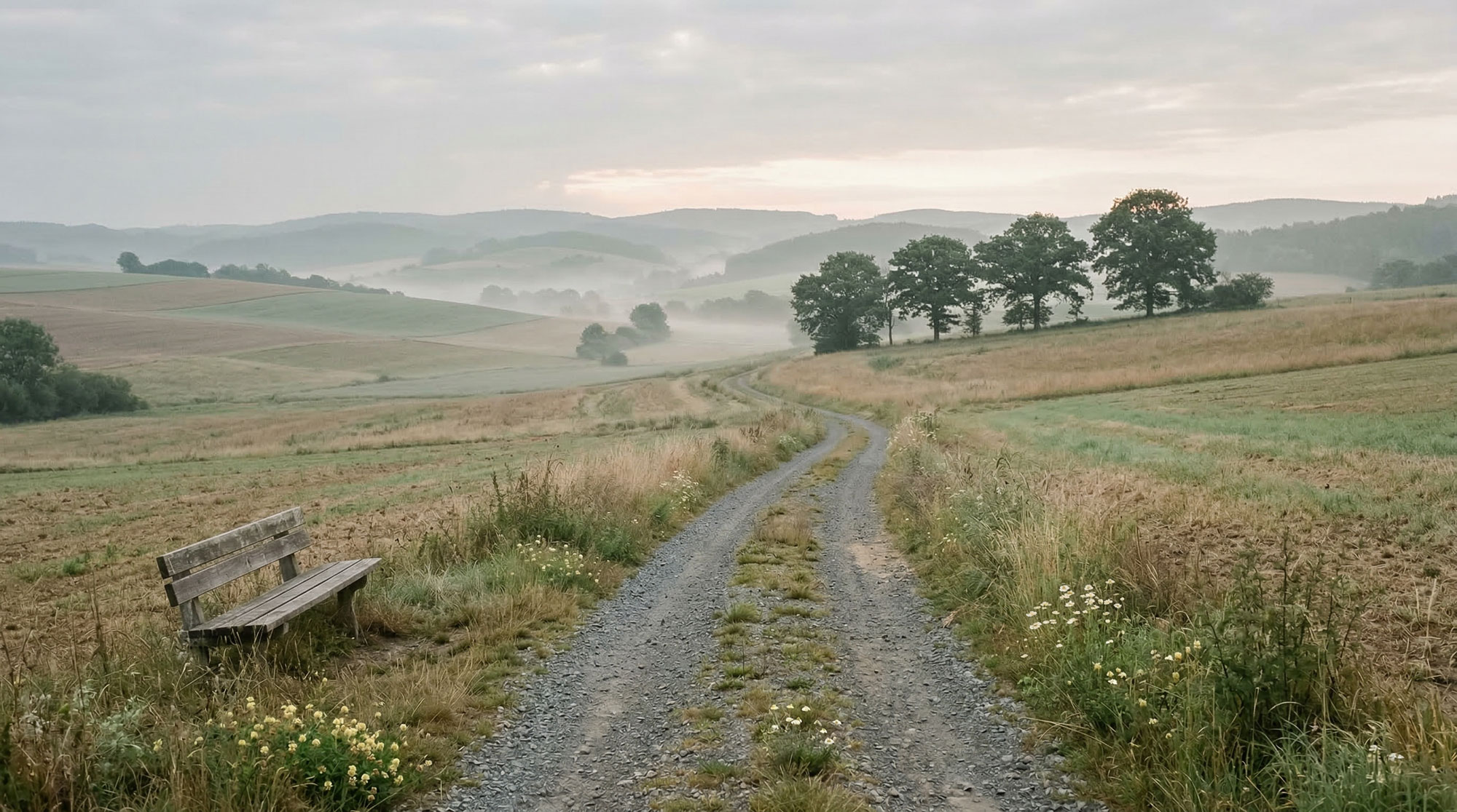 Weite hessische Landschaft im Morgennebel mit Bank am Feldweg